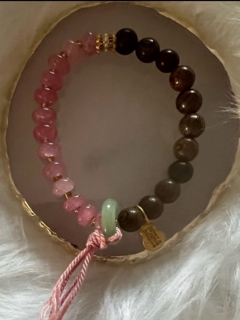 Glass & Wood Beaded Bracelet with Pink Tassel